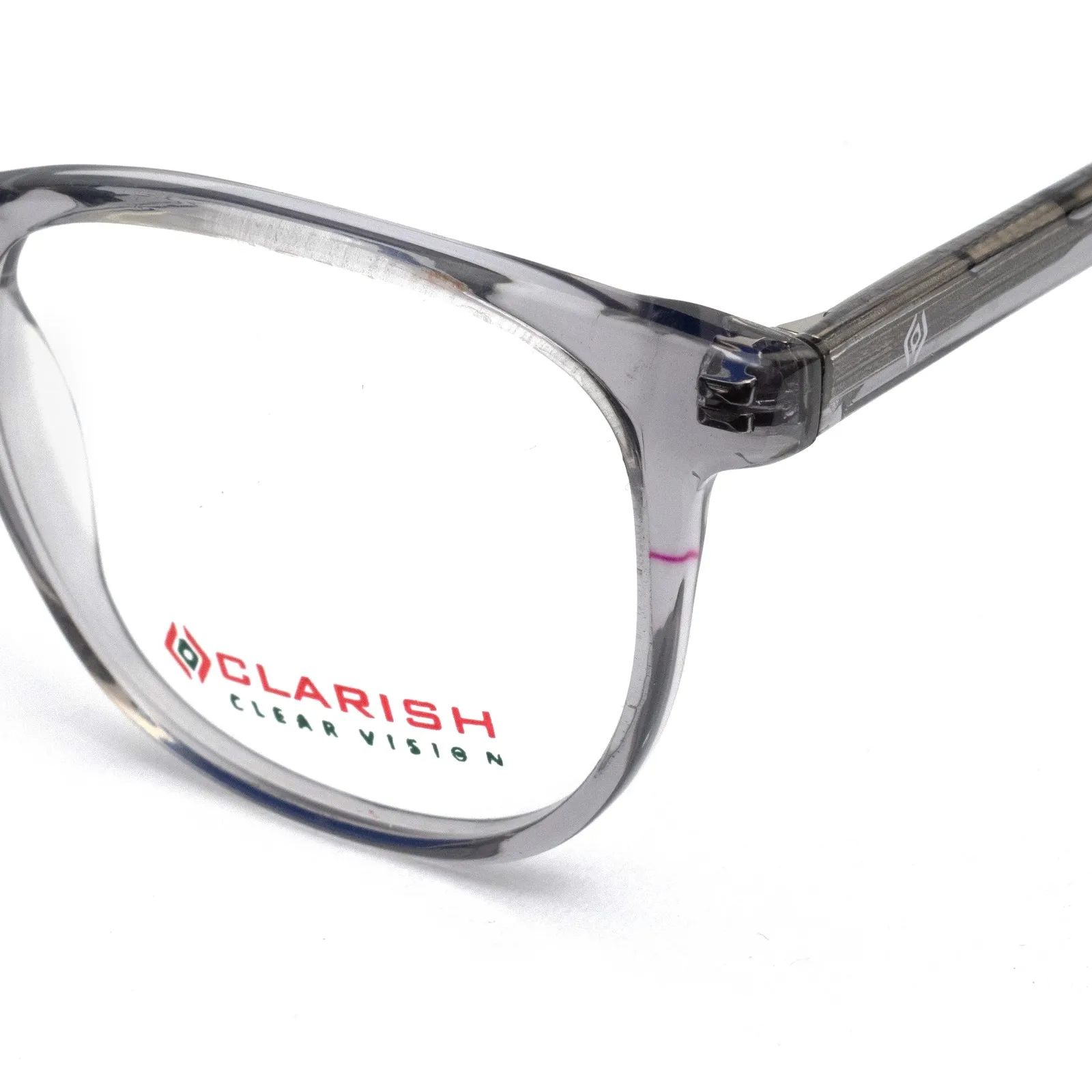 Close detail of the crystal grey acetate rim on the Clarish™ C-1264, showing the milled interior profile